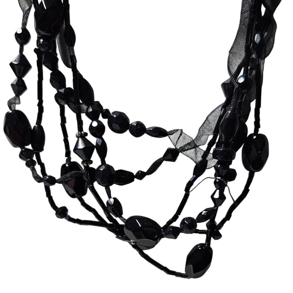 Money Elegant Black Beaded Necklace Ribbon Multi Strand Retro Fashion Jewelry